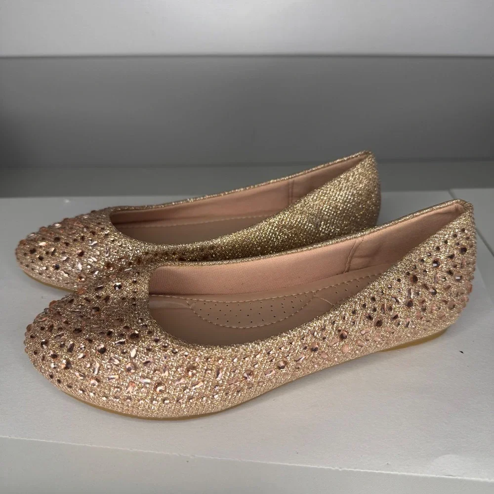 Link Ballet Flats Kids Size 3 Rose Gold Glitter Rhinestone‎ Dress Shoes 2581